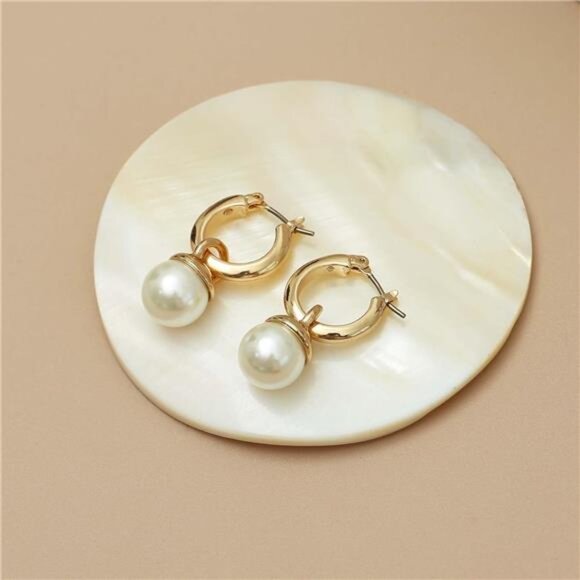 14K Gold-Plated Pearl Hoop Drop Earrings – Lightweight, Hypoallergenic - Picture 3 of 6